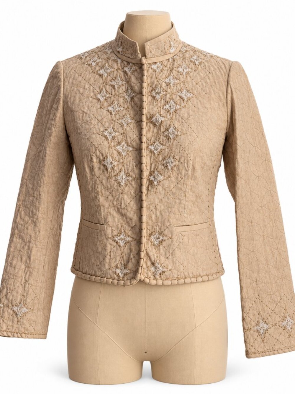 Elie Tahari Beige Embroidered Stand Collar Jacket - S